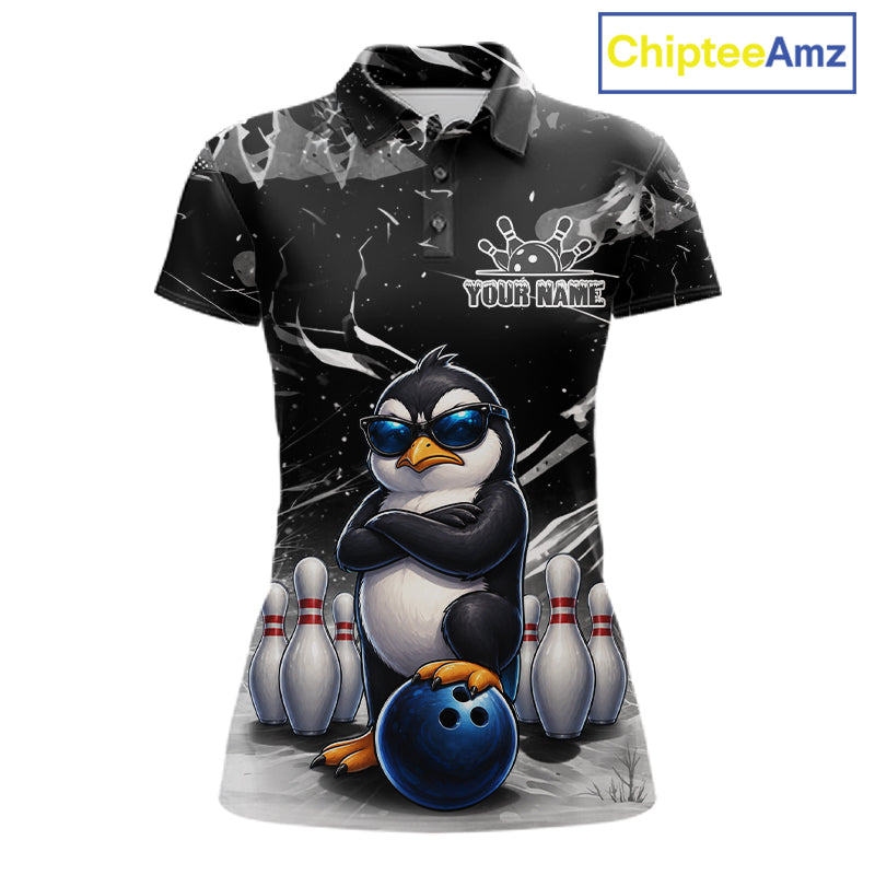 Personalized Black Funny Penguin Bowling Shirt Custom Bowling Team Jersey Polo & 1/4 Zip