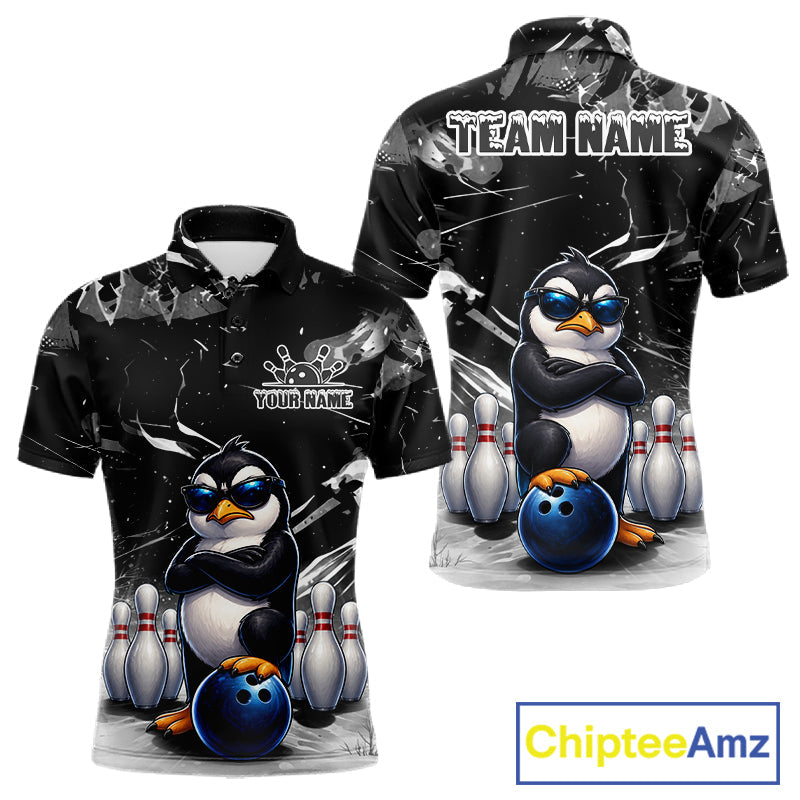 Personalized Black Funny Penguin Bowling Shirt Custom Bowling Team Jersey Polo & 1/4 Zip