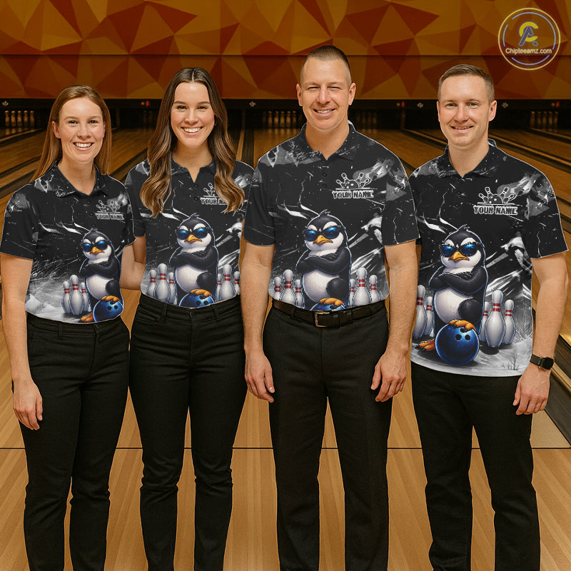 Personalized Black Funny Penguin Bowling Shirt Custom Bowling Team Jersey Polo & 1/4 Zip