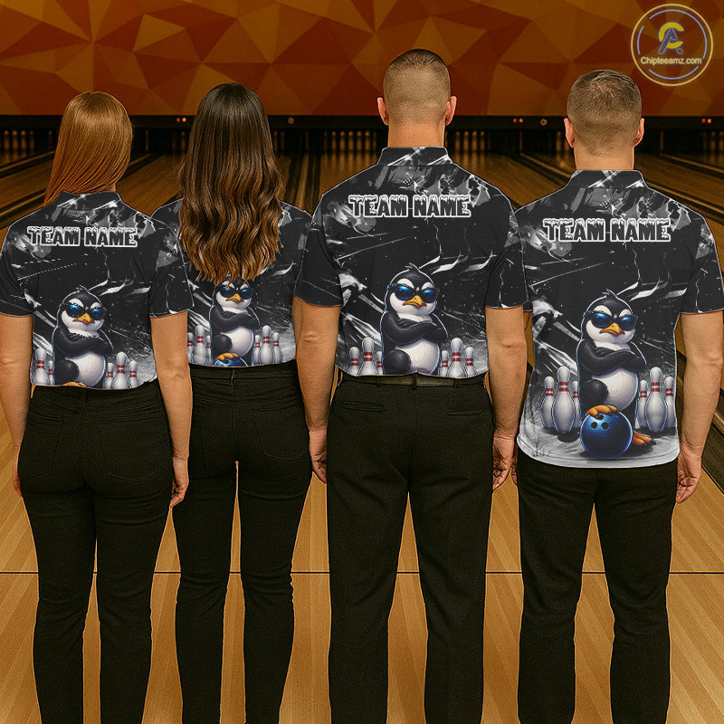 Personalized Black Funny Penguin Bowling Shirt Custom Bowling Team Jersey Polo & 1/4 Zip