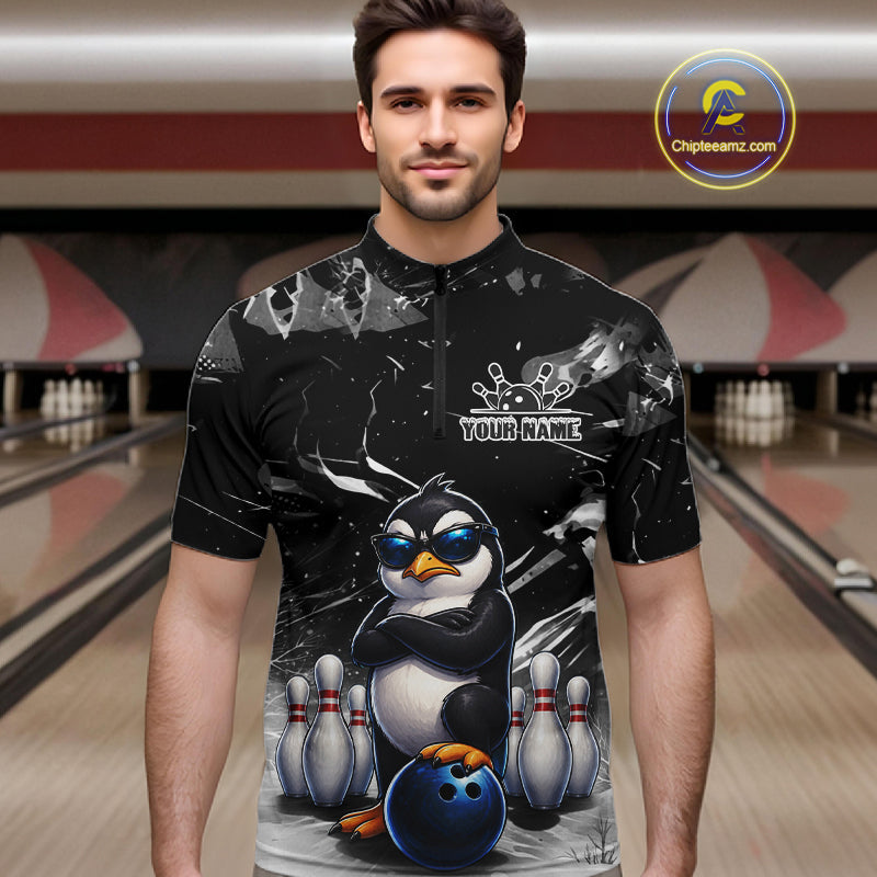 Personalized Black Funny Penguin Bowling Shirt Custom Bowling Team Jersey Polo & 1/4 Zip