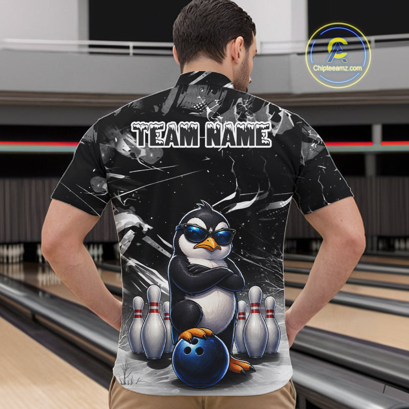 Personalized Black Funny Penguin Bowling Shirt Custom Bowling Team Jersey Polo & 1/4 Zip