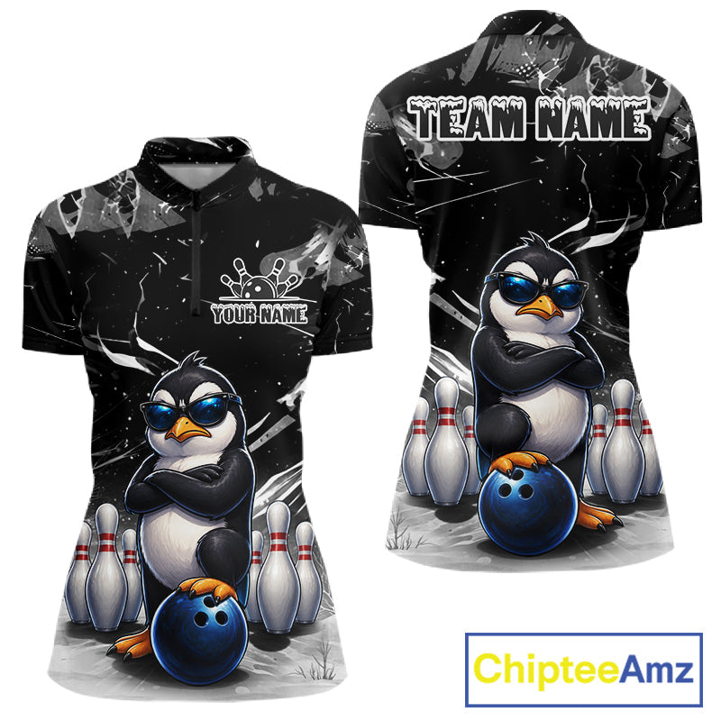 Personalized Black Funny Penguin Bowling Shirt Custom Bowling Team Jersey Polo & 1/4 Zip