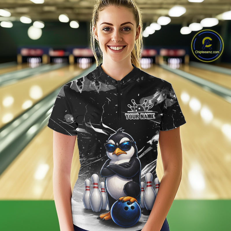 Personalized Black Funny Penguin Bowling Shirt Custom Bowling Team Jersey Polo & 1/4 Zip