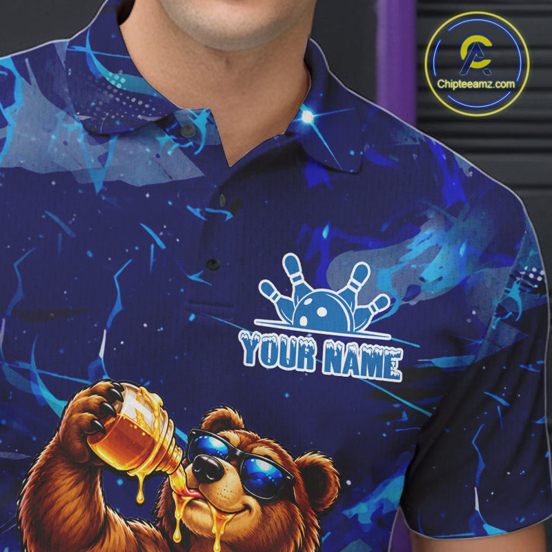 Personalized Blue Funny Bear Bowling Shirt Custom Bowling Team Jersey Polo & 1/4 Zip