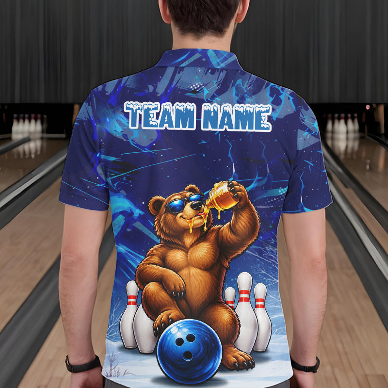 Personalized Blue Funny Bear Bowling Shirt Custom Bowling Team Jersey Polo & 1/4 Zip