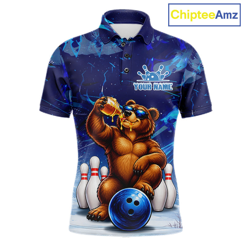 Personalized Blue Funny Bear Bowling Shirt Custom Bowling Team Jersey Polo & 1/4 Zip