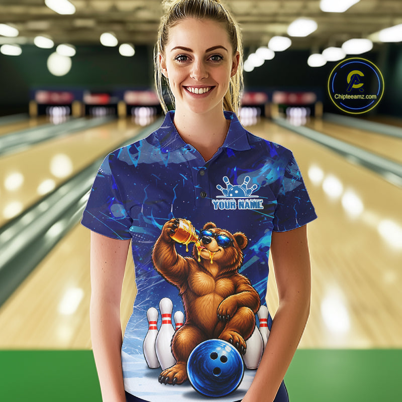 Personalized Blue Funny Bear Bowling Shirt Custom Bowling Team Jersey Polo & 1/4 Zip