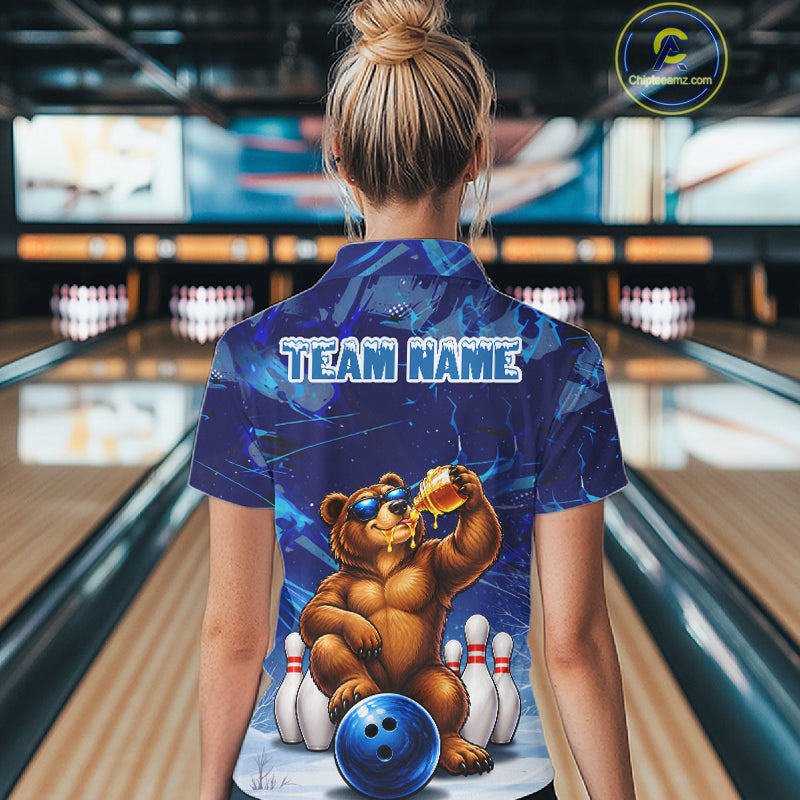 Personalized Blue Funny Bear Bowling Shirt Custom Bowling Team Jersey Polo & 1/4 Zip