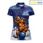 Personalized Blue Funny Bear Bowling Shirt Custom Bowling Team Jersey Polo & 1/4 Zip