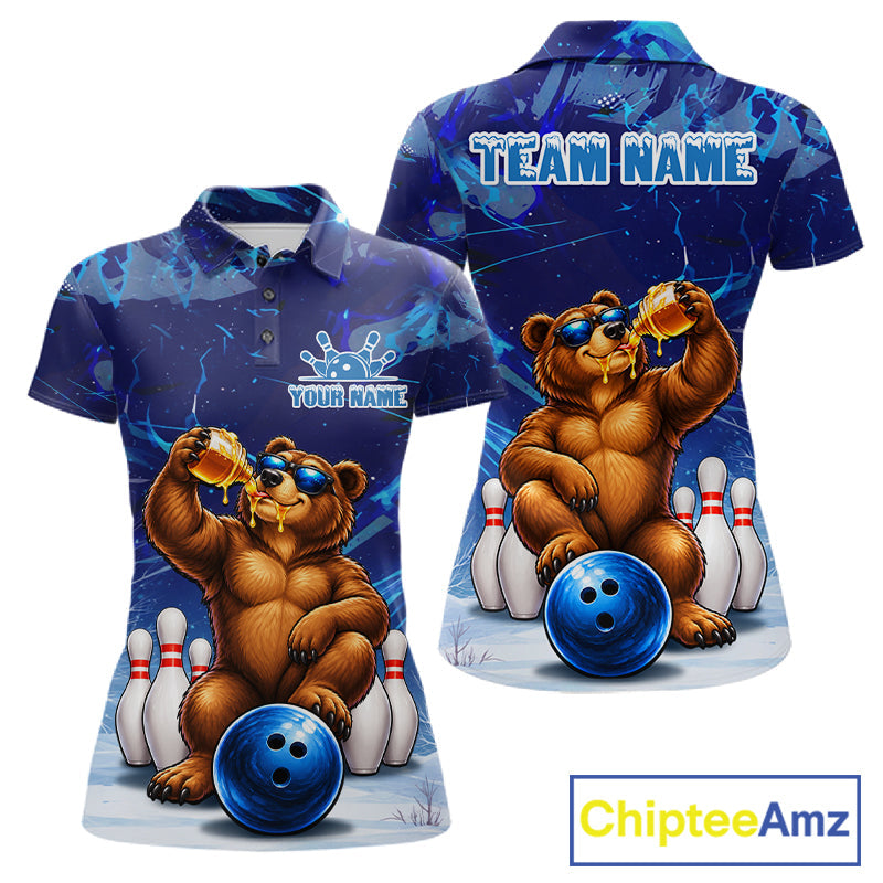 Personalized Blue Funny Bear Bowling Shirt Custom Bowling Team Jersey Polo & 1/4 Zip