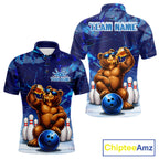 Personalized Blue Funny Bear Bowling Shirt Custom Bowling Team Jersey Polo & 1/4 Zip