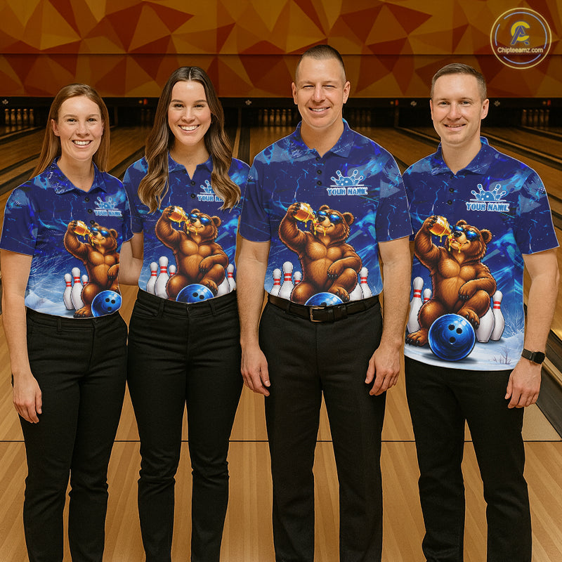 Personalized Blue Funny Bear Bowling Shirt Custom Bowling Team Jersey Polo & 1/4 Zip