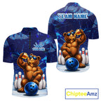 Personalized Blue Funny Bear Bowling Shirt Custom Bowling Team Jersey Polo & 1/4 Zip