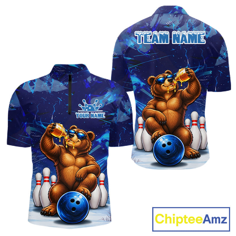 Personalized Blue Funny Bear Bowling Shirt Custom Bowling Team Jersey Polo & 1/4 Zip
