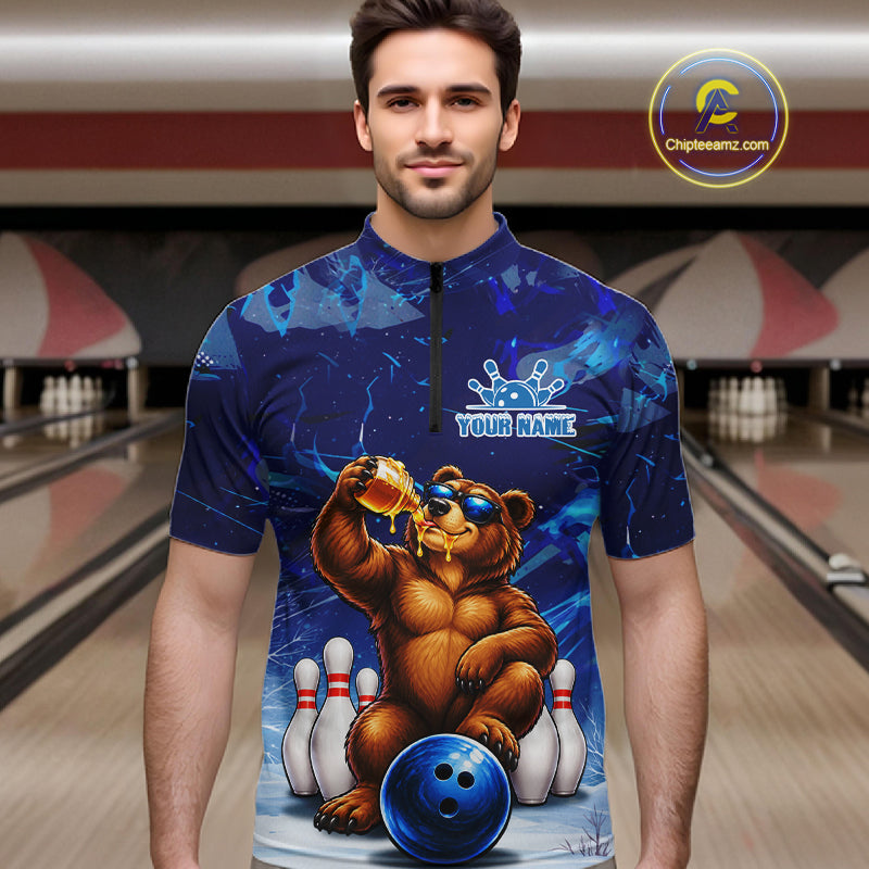 Personalized Blue Funny Bear Bowling Shirt Custom Bowling Team Jersey Polo & 1/4 Zip