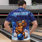 Personalized Blue Funny Bear Bowling Shirt Custom Bowling Team Jersey Polo & 1/4 Zip