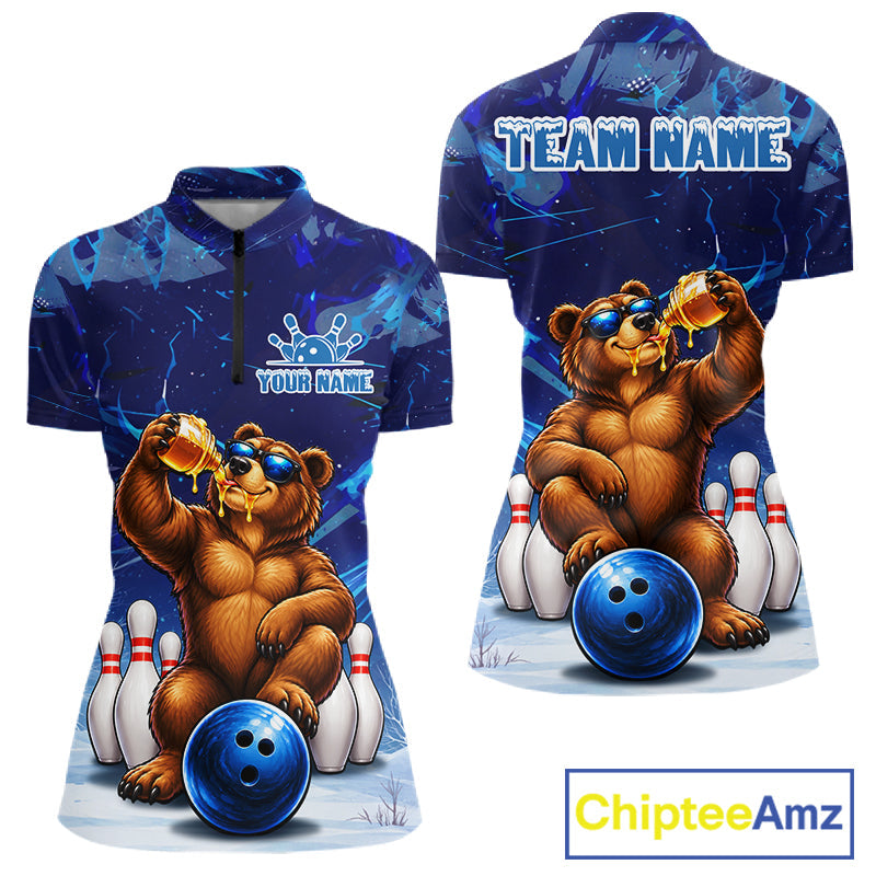 Personalized Blue Funny Bear Bowling Shirt Custom Bowling Team Jersey Polo & 1/4 Zip