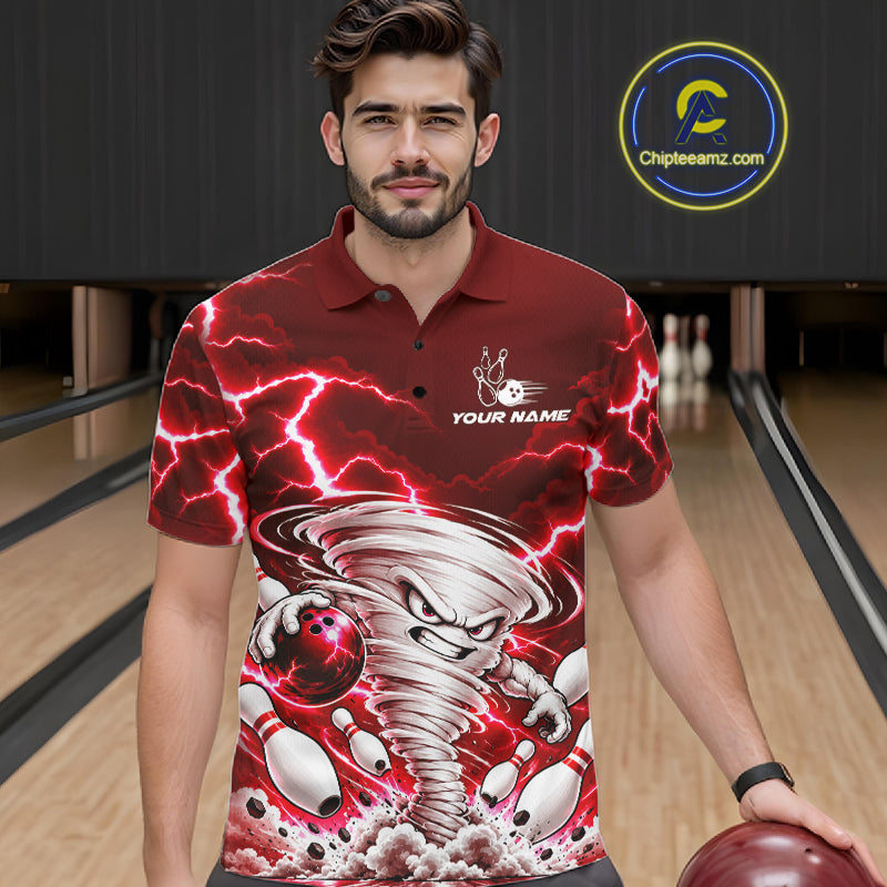 Red Lightning Thunder Funny Tornado Bowling Shirt Custom Bowling Jersey Polo & 1/4 Zip