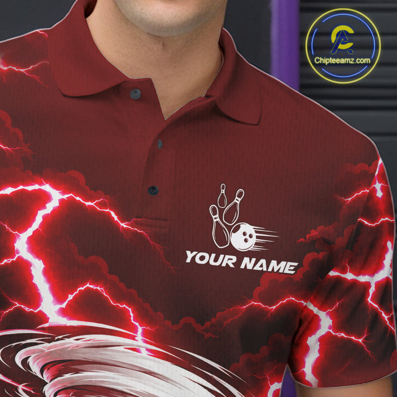 Red Lightning Thunder Funny Tornado Bowling Shirt Custom Bowling Jersey Polo & 1/4 Zip