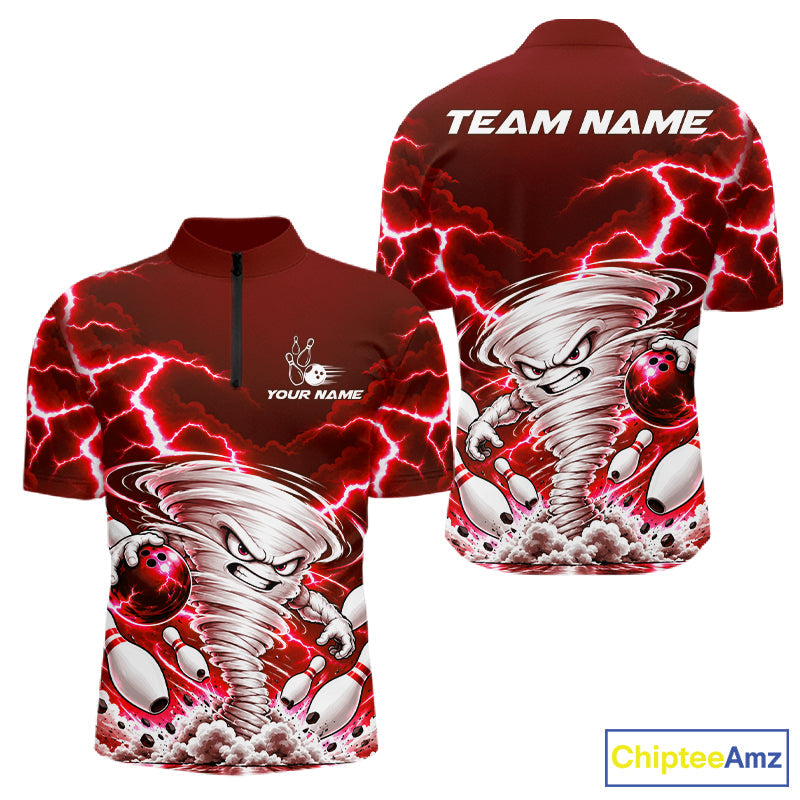 Red Lightning Thunder Funny Tornado Bowling Shirt Custom Bowling Jersey Polo & 1/4 Zip