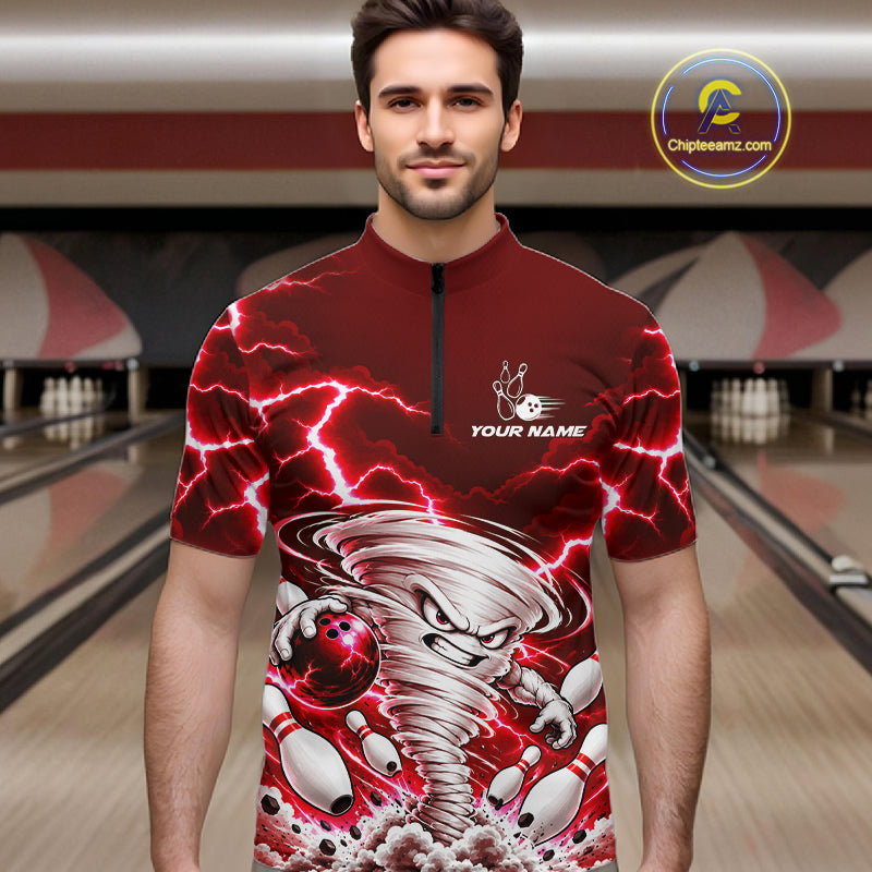 Red Lightning Thunder Funny Tornado Bowling Shirt Custom Bowling Jersey Polo & 1/4 Zip