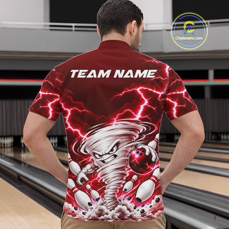 Red Lightning Thunder Funny Tornado Bowling Shirt Custom Bowling Jersey Polo & 1/4 Zip