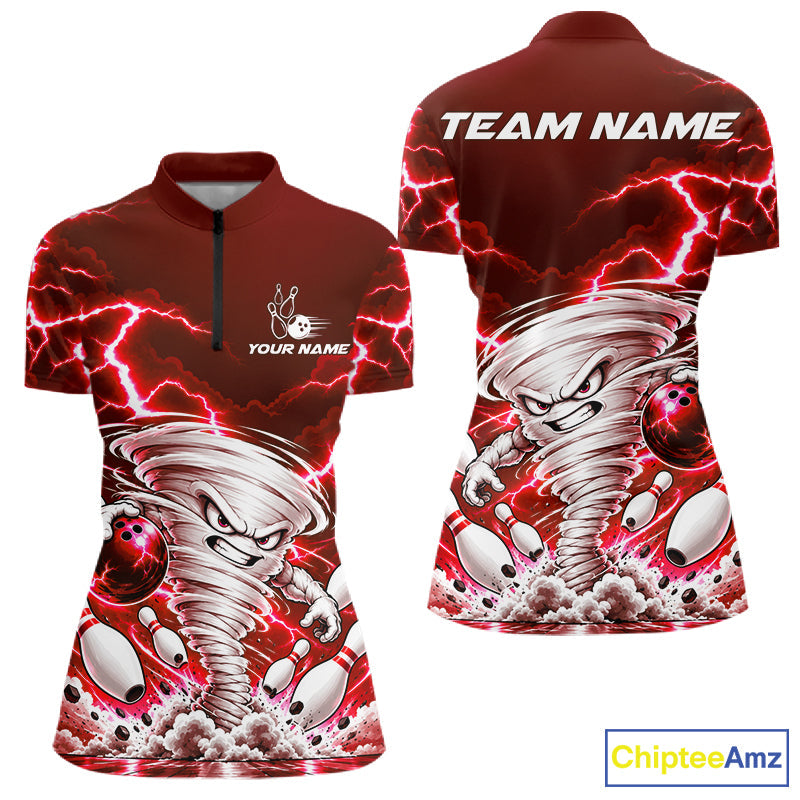 Red Lightning Thunder Funny Tornado Bowling Shirt Custom Bowling Jersey Polo & 1/4 Zip