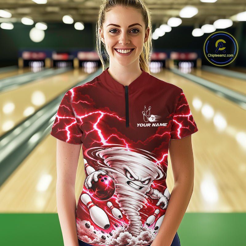 Red Lightning Thunder Funny Tornado Bowling Shirt Custom Bowling Jersey Polo & 1/4 Zip