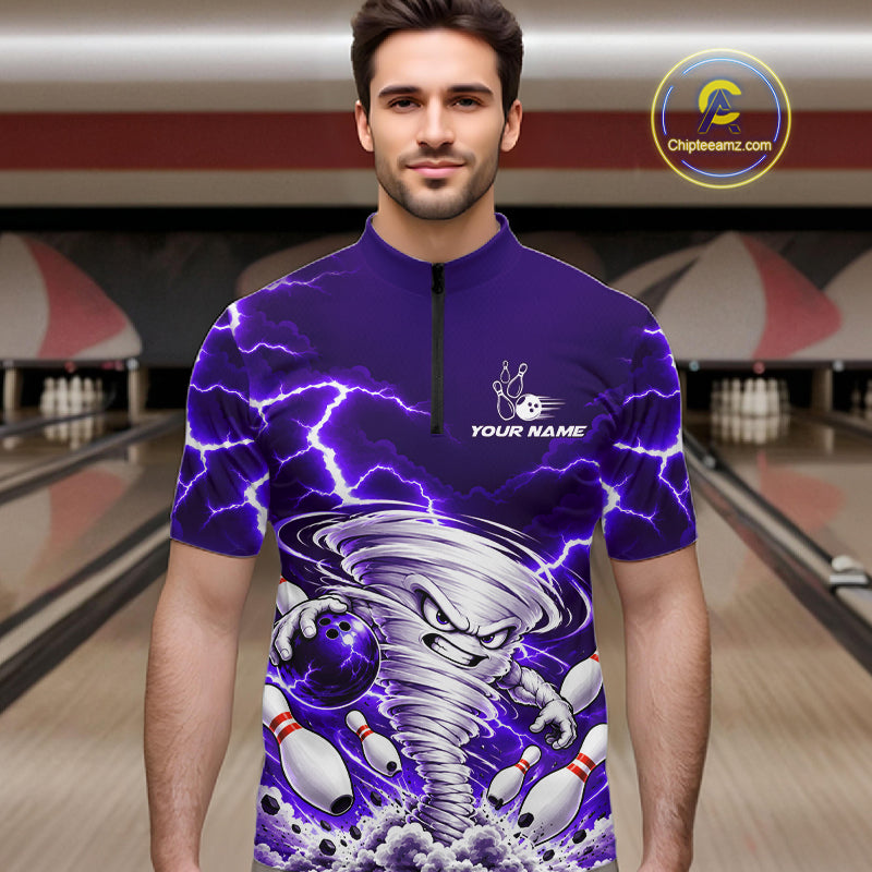 Purple Lightning Thunder Funny Tornado Bowling Shirt Custom Bowling Jersey Polo & 1/4 Zip
