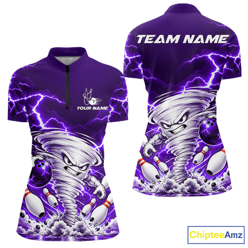 Purple Lightning Thunder Funny Tornado Bowling Shirt Custom Bowling Jersey Polo & 1/4 Zip