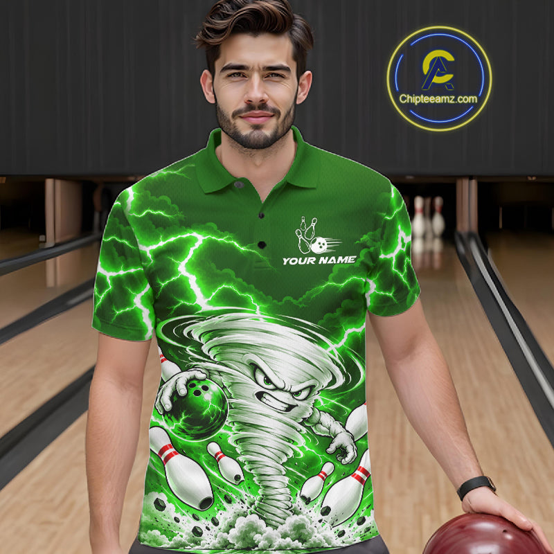 Green Lightning Thunder Funny Tornado Bowling Shirt Custom Bowling Jersey Polo & 1/4 Zip
