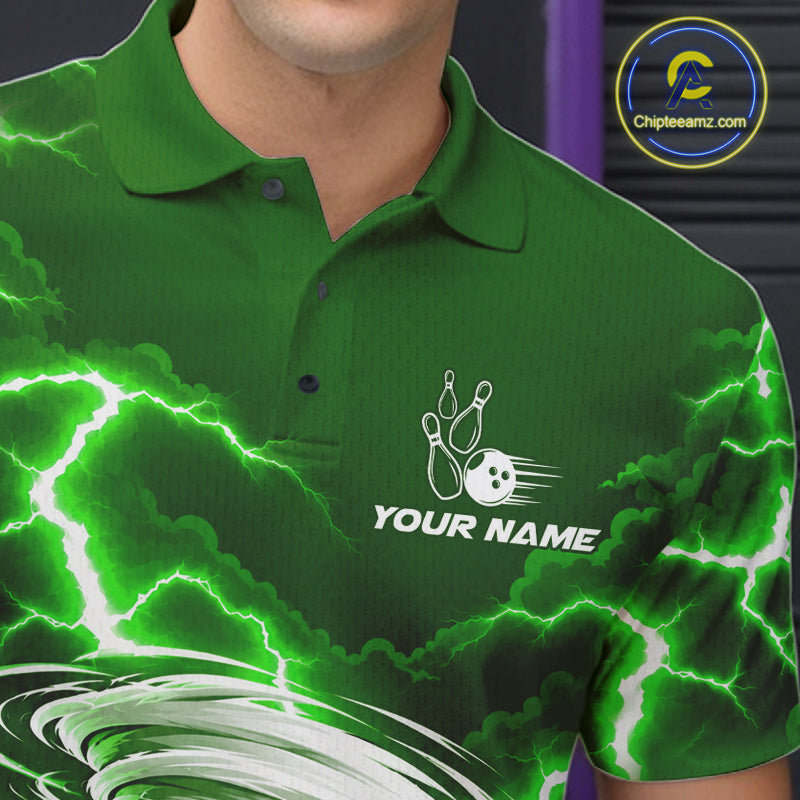 Green Lightning Thunder Funny Tornado Bowling Shirt Custom Bowling Jersey Polo & 1/4 Zip