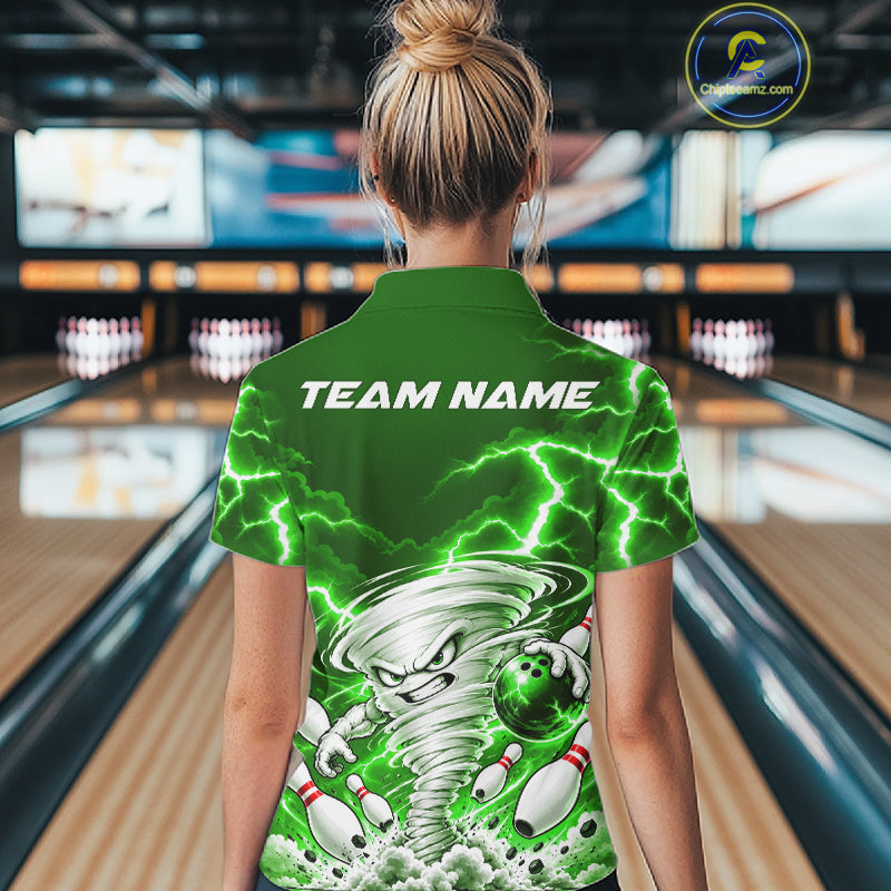 Green Lightning Thunder Funny Tornado Bowling Shirt Custom Bowling Jersey Polo & 1/4 Zip