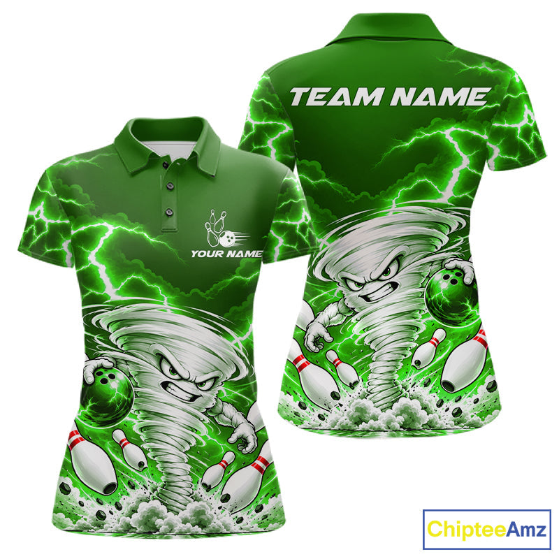 Green Lightning Thunder Funny Tornado Bowling Shirt Custom Bowling Jersey Polo & 1/4 Zip