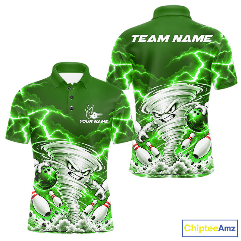 Green Lightning Thunder Funny Tornado Bowling Shirt Custom Bowling Jersey Polo & 1/4 Zip