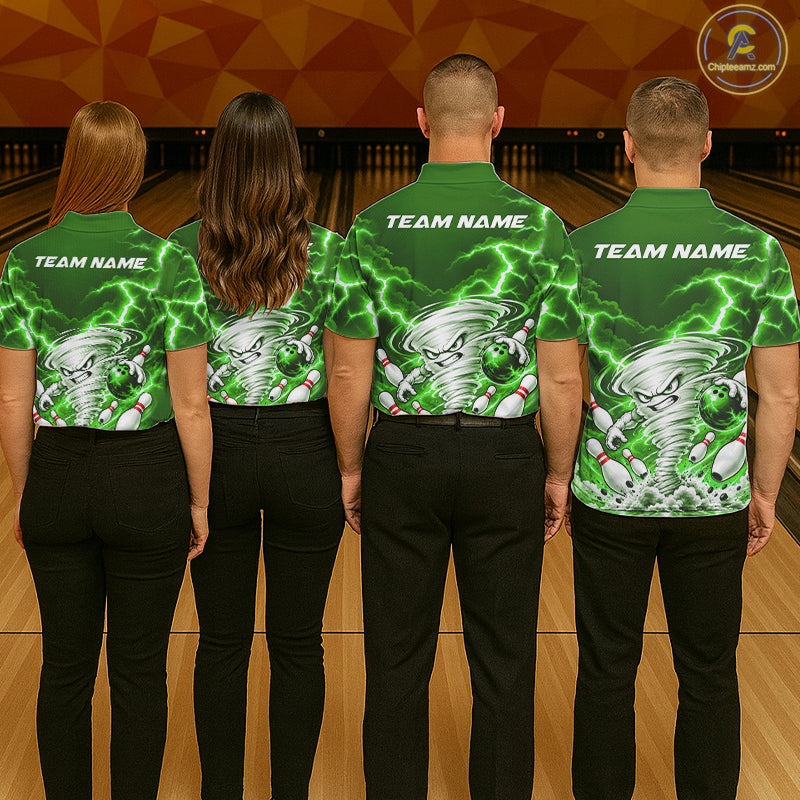 Green Lightning Thunder Funny Tornado Bowling Shirt Custom Bowling Jersey Polo & 1/4 Zip