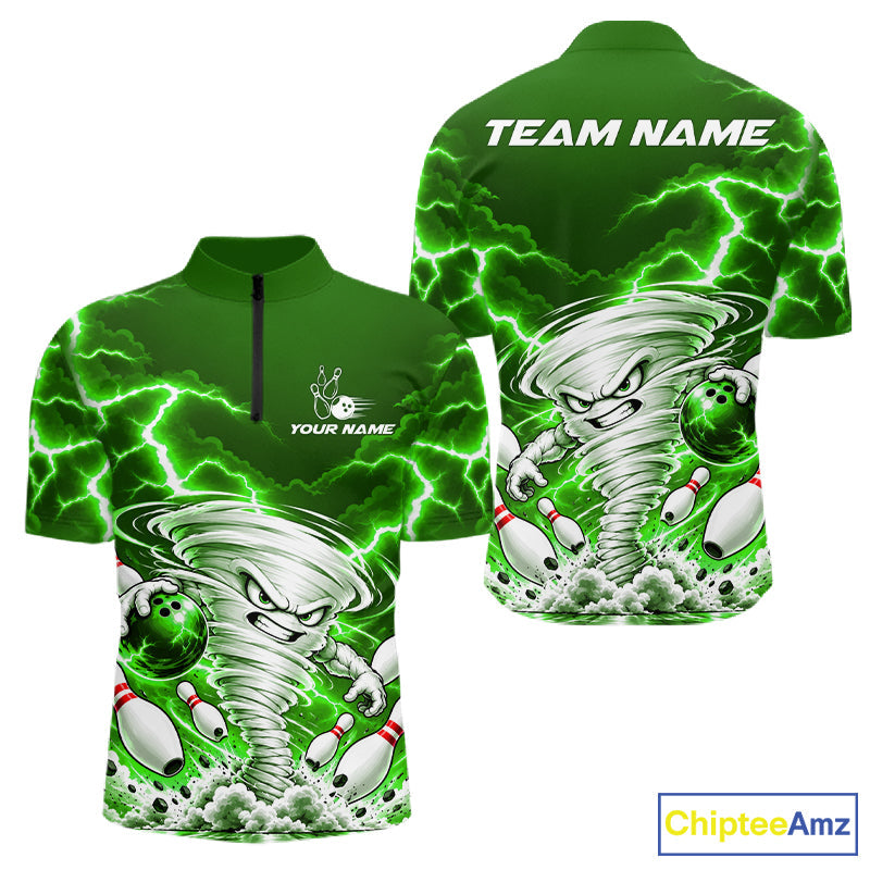 Green Lightning Thunder Funny Tornado Bowling Shirt Custom Bowling Jersey Polo & 1/4 Zip