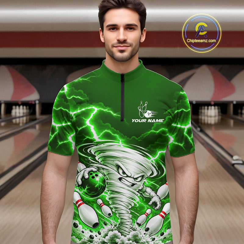 Green Lightning Thunder Funny Tornado Bowling Shirt Custom Bowling Jersey Polo & 1/4 Zip