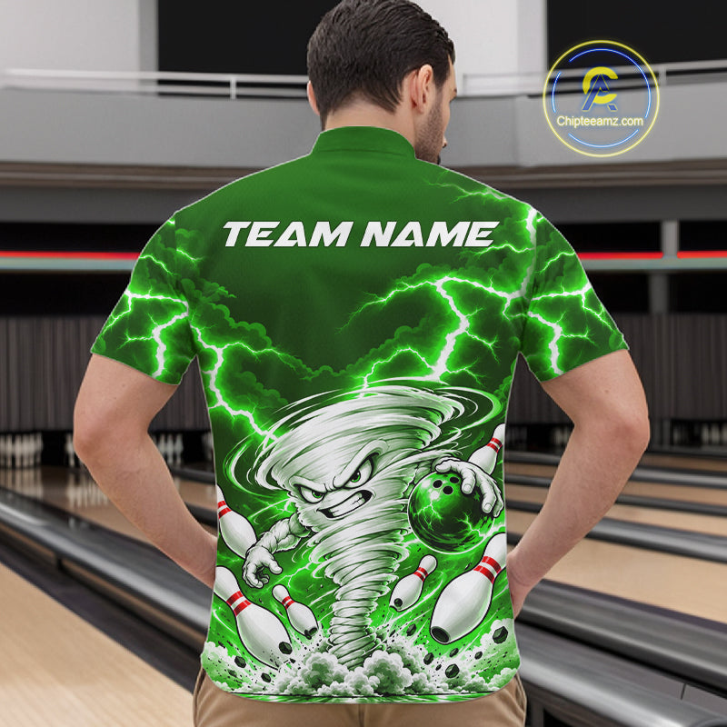 Green Lightning Thunder Funny Tornado Bowling Shirt Custom Bowling Jersey Polo & 1/4 Zip