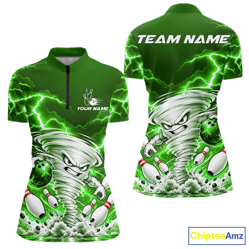 Green Lightning Thunder Funny Tornado Bowling Shirt Custom Bowling Jersey Polo & 1/4 Zip