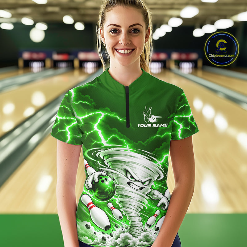 Green Lightning Thunder Funny Tornado Bowling Shirt Custom Bowling Jersey Polo & 1/4 Zip