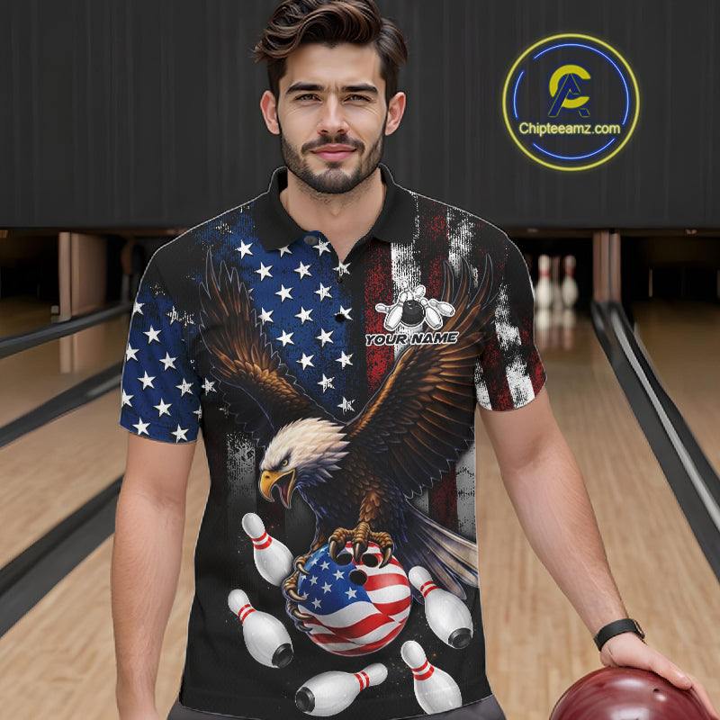 Personalized American Flag Eagle Bowling Team Jersey Custom Patriotic Bowling Shirts
