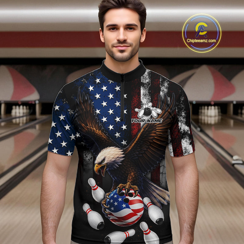 Personalized American Flag Eagle Bowling Team Jersey Custom Patriotic Bowling Shirts