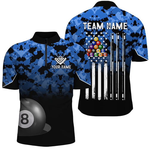 8 Ball Pool Blue Camo Custom Billiard Shirts, Patriotic US Flag Billiard Team Jerseys