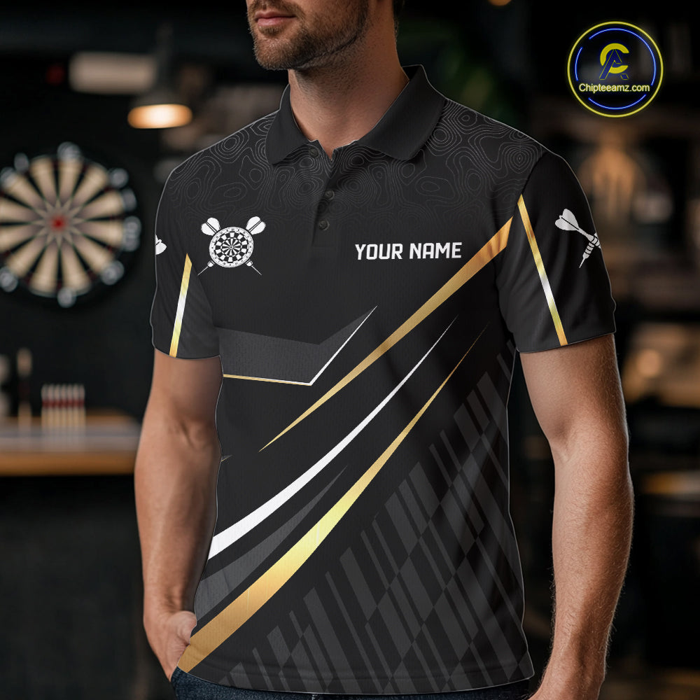 Black And Gold Custom Crown Darts Shirt, Darts League Team Jersey Polo & Quarter Zip