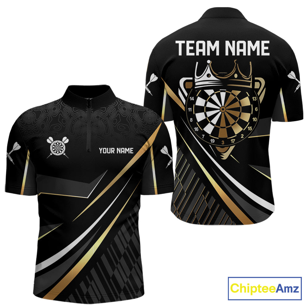 Black And Gold Custom Crown Darts Shirt, Darts League Team Jersey Polo & Quarter Zip