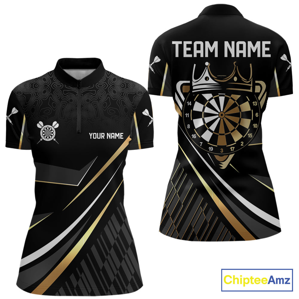 Black And Gold Custom Crown Darts Shirt, Darts League Team Jersey Polo & Quarter Zip