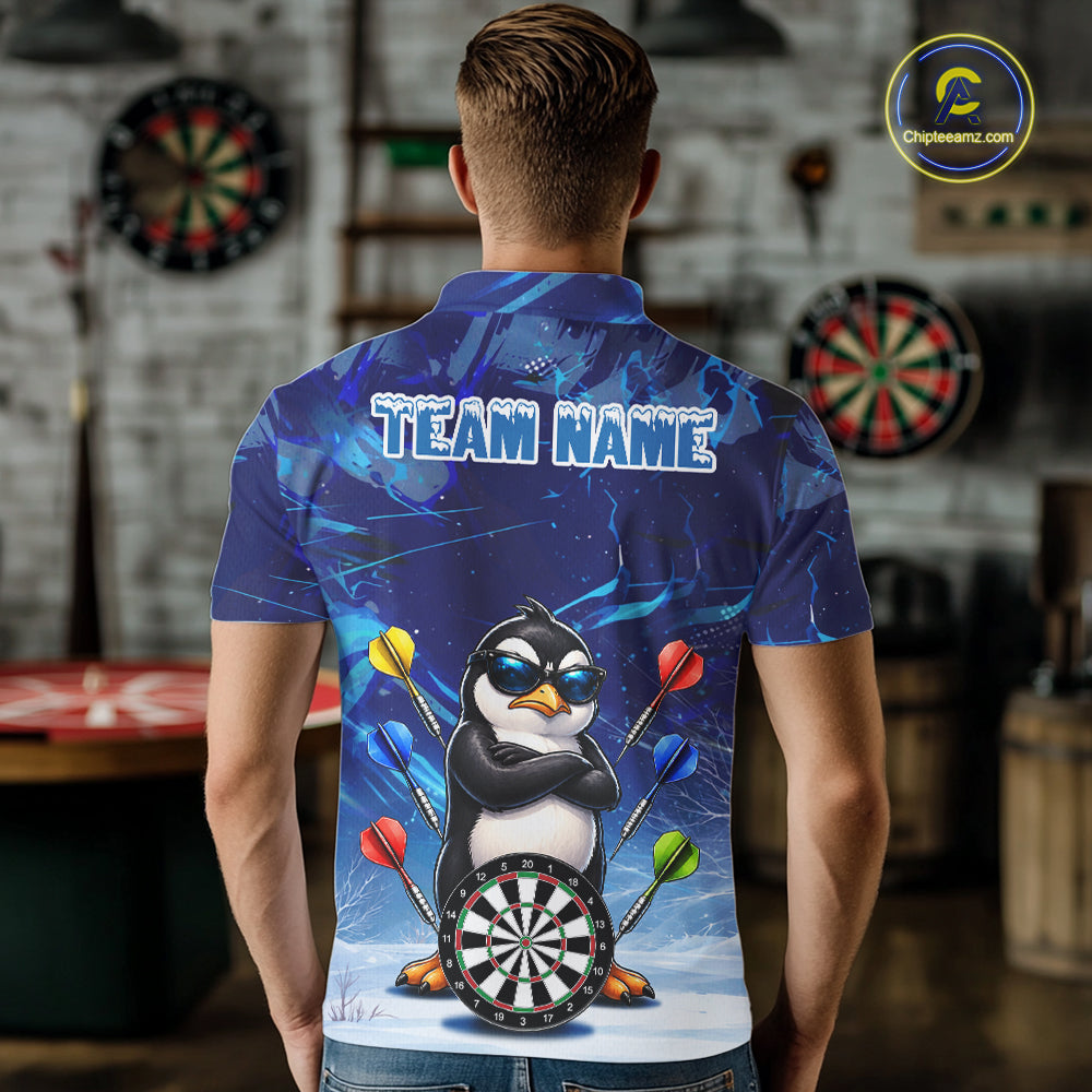 Personalized Blue Funny Penguin Darts Shirt Custom Darts Jersey Team Polo & 1/4 Zip