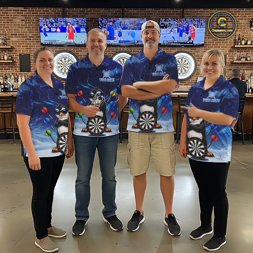 Personalized Blue Funny Penguin Darts Shirt Custom Darts Jersey Team Polo & 1/4 Zip